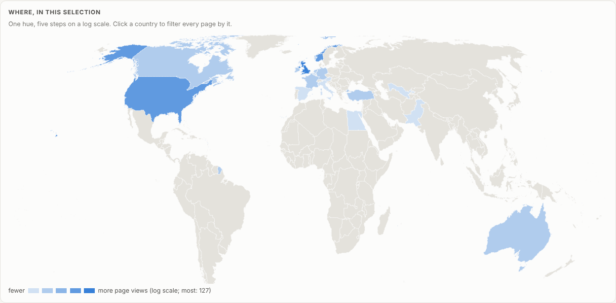 A world map in one blue hue, darkest for the United Kingdom, then the United States and Norway, lighter for the Netherlands, Ireland and Germany
