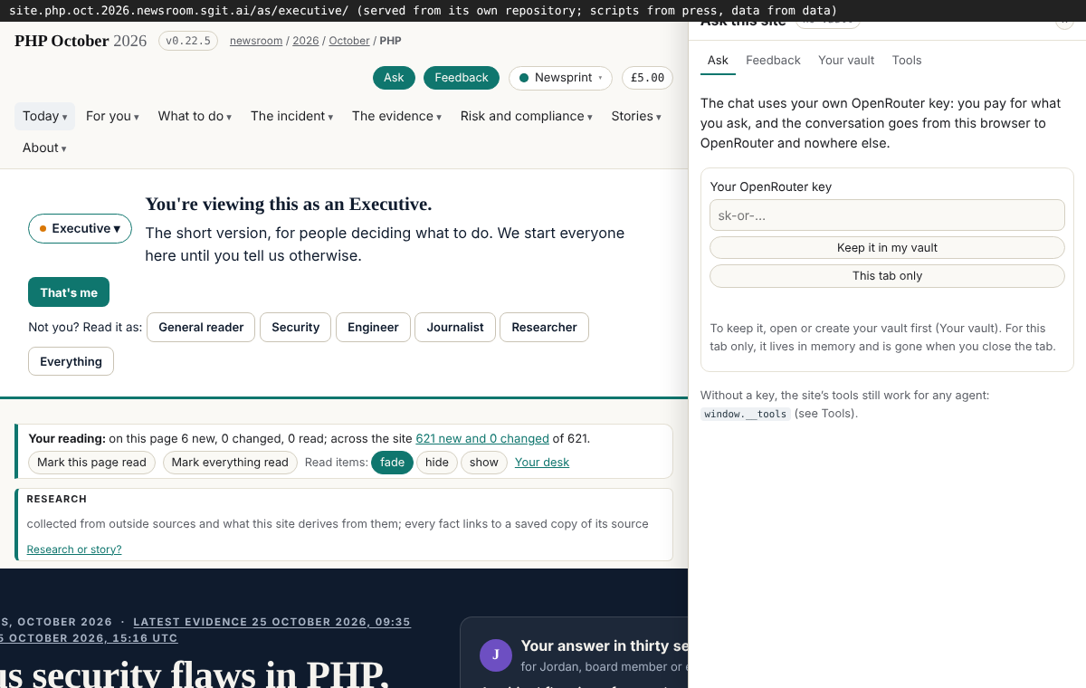 The main site, staged, with the Ask pane open: its scripts all came from the press