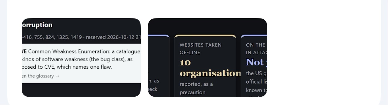 The reader's screenshot: on the left a glossary card (CWE), on the right the at-a-glance tiles with '10 organisations' running into the next tile.