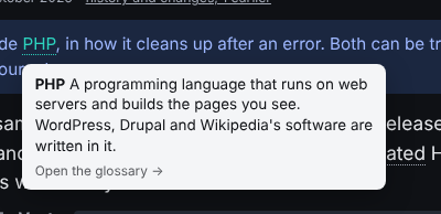 Replicated: the card on 'PHP'; its last line is text, and the card closes before the pointer reaches it.